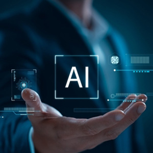 Holographic AI icon on a lawyer's hand for legal technology and automation.