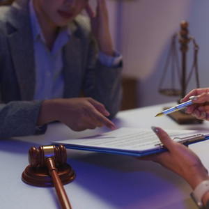 Attorney reviewing legal documents with a client to improve firm productivity.