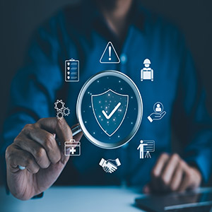 Hand holding a magnifying glass over a digital shield icon with security and compliance symbols.