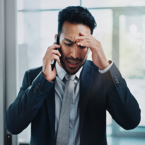 Stressed attorney in a suit talking on the phone and holding his forehead.