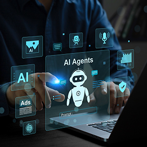 Person interacting with digital marketing AI agents and holographic interface