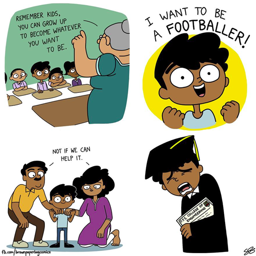Career dreams and education pressure cartoon strip illustration