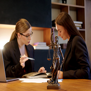 Two female attorneys consulting at desk with Lady Justice statue