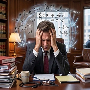 Stressed attorney with math equations background for law