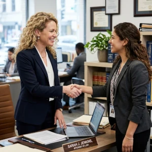Attorney and paralegal shaking hands during a professional meeting in a law office