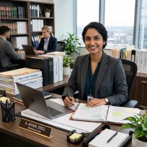 Smiling attorney reviewing case files at her desk in a busy law firm office