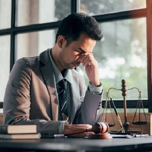 Overwhelmed lawyer dealing with a heavy caseload in the office
